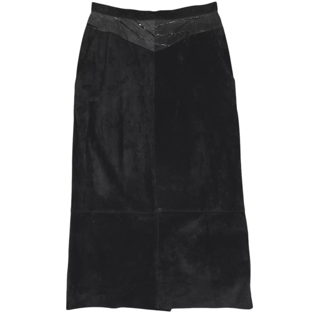 Vintage Suede Leather Maxi Skirt Womens Small Black Long 70s